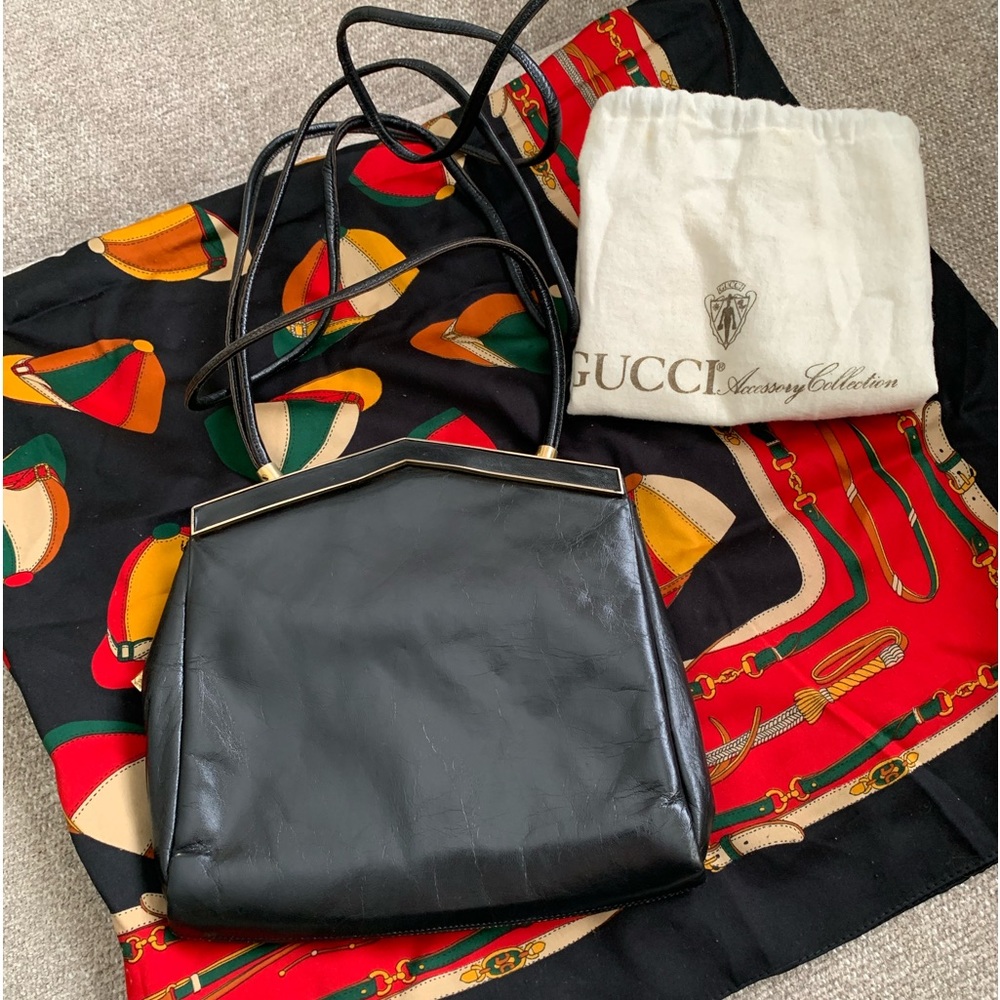 ✨Vintage Gucci Black Leather Shoulder Evening Bag Gold Accent EUC Stunning!